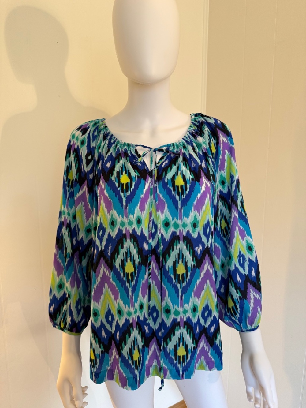 EUC Jones NY Medium Multi Color Loose Summer Tie Neck Blousy Blouse